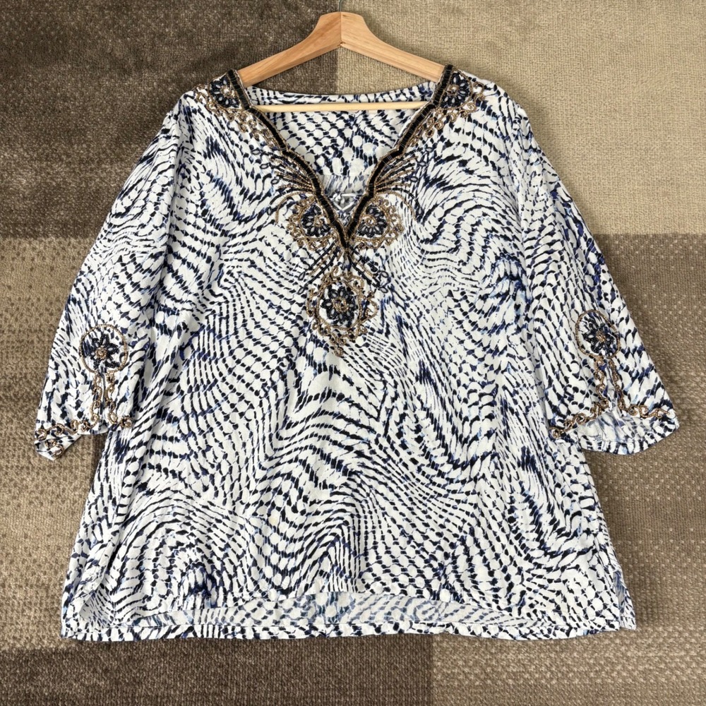Soft Surroundings Embellished V Neck Tunic Top Blue White Print Womens Size PXL